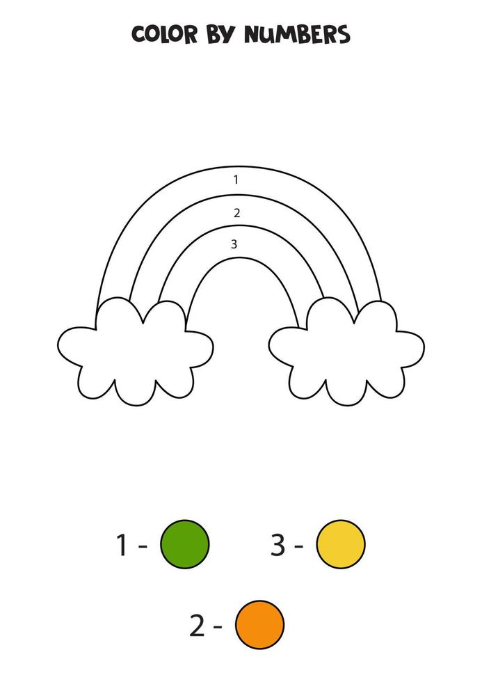 Color cartoon rainbow by numbers. Worksheet for kids. vector