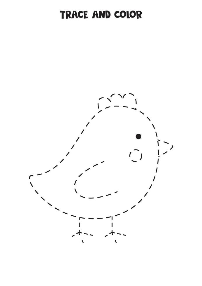 Trace and color cute Easter chicken. Worksheet for children. vector