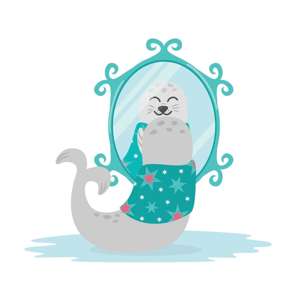 Cute Baby Fur Seal Looking in Mirror Wrapped in Towel After Shower vector