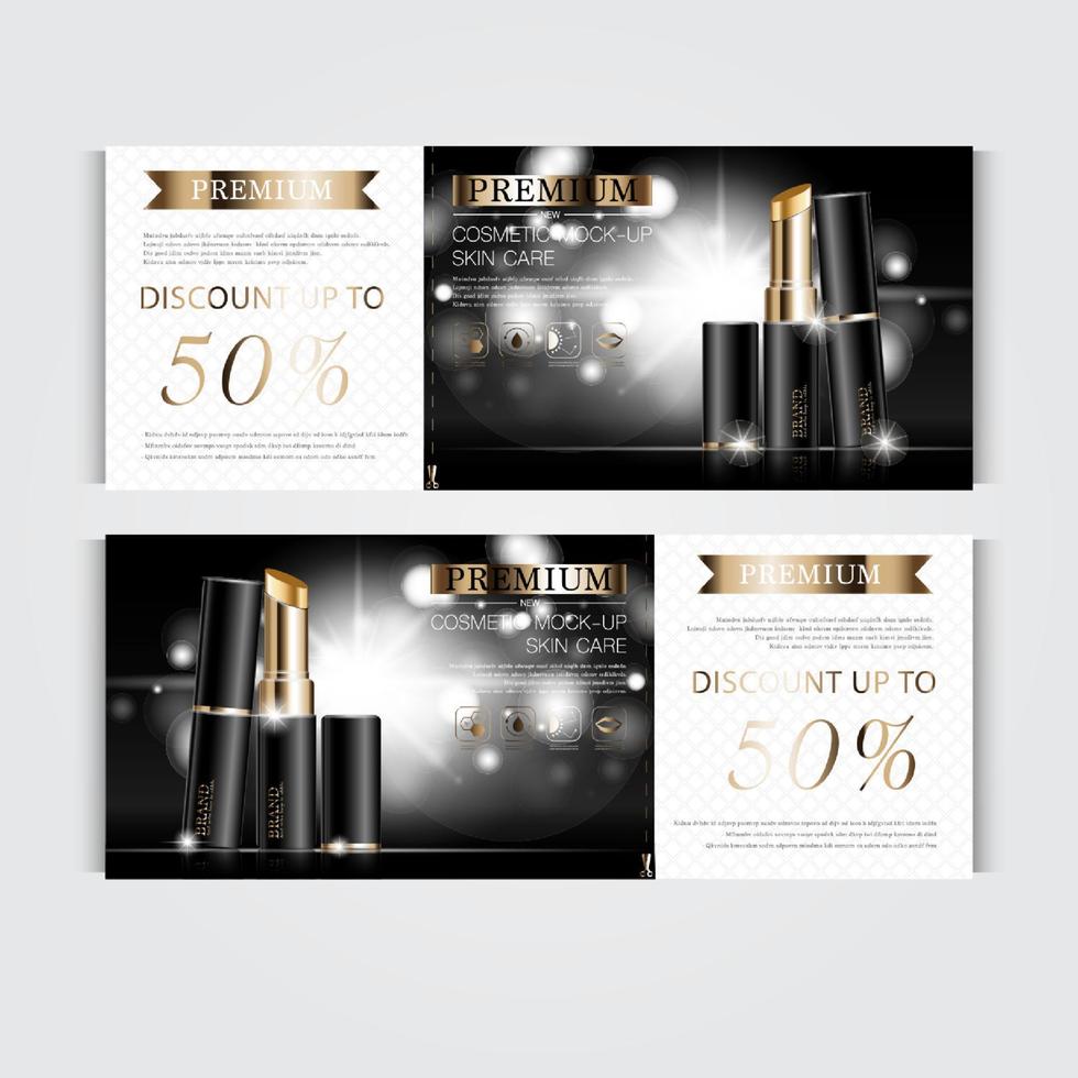 Gift voucher hydrating facial lipstick for annual sale or festival sale. silver and gold lipstick mask bottle isolated on glitter particles background. Banner graceful cosmetic ads, illustration. vector