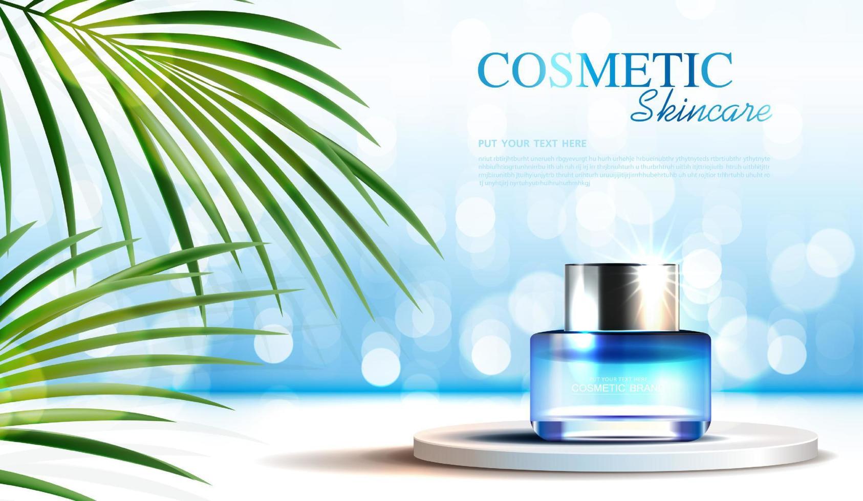 Cosmetics or skin care product ads with bottle, banner ad for beauty products and leaf background glittering light effect. vector design