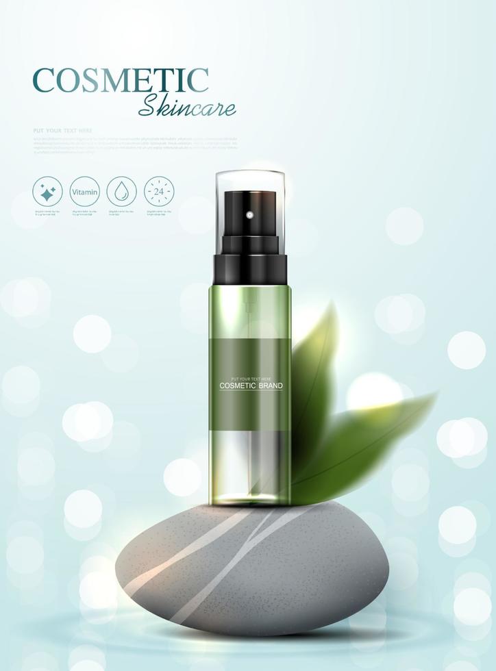 Refreshing green tea cosmetics or skin care product ads with bottle, banner ad for beauty products on background glittering light effect, leaves and rock. vector design