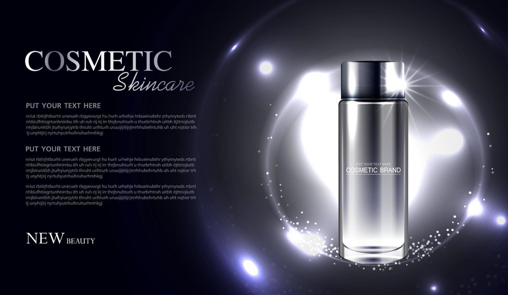 anuncios de cosméticos o productos para el cuidado de la piel con botella, anuncio de pancarta para productos de belleza con un fondo de efecto de luz brillante. diseño vectorial vector
