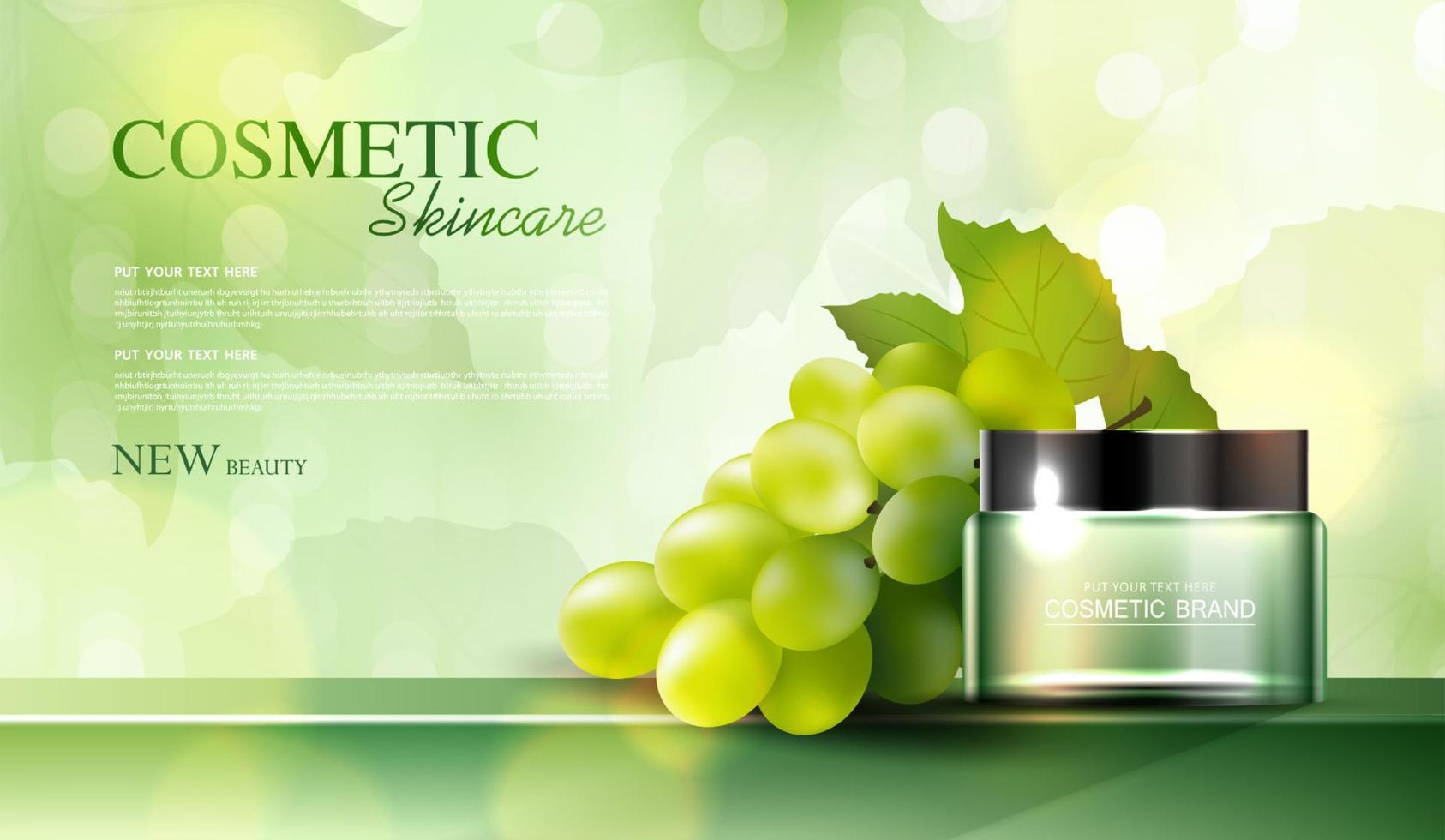 Grape seed cosmetics or skin care product ads with bottle, banner ad for beauty products, leaf and grape on background glittering light effect. vector design