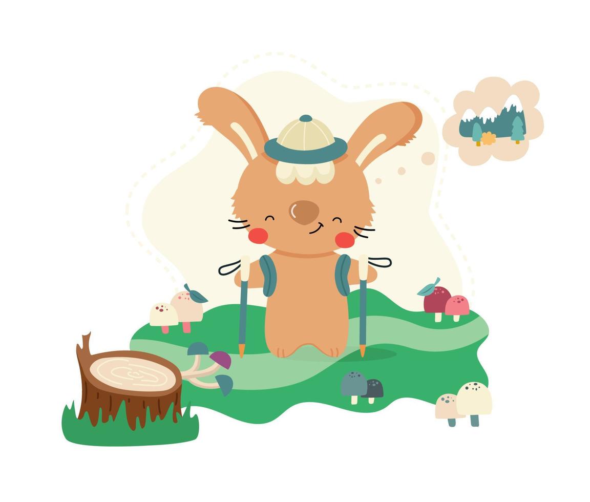Cute cartoon rabbit traveler hiking in the woods. Funny animal character for kids design.  Flat vector illustration.