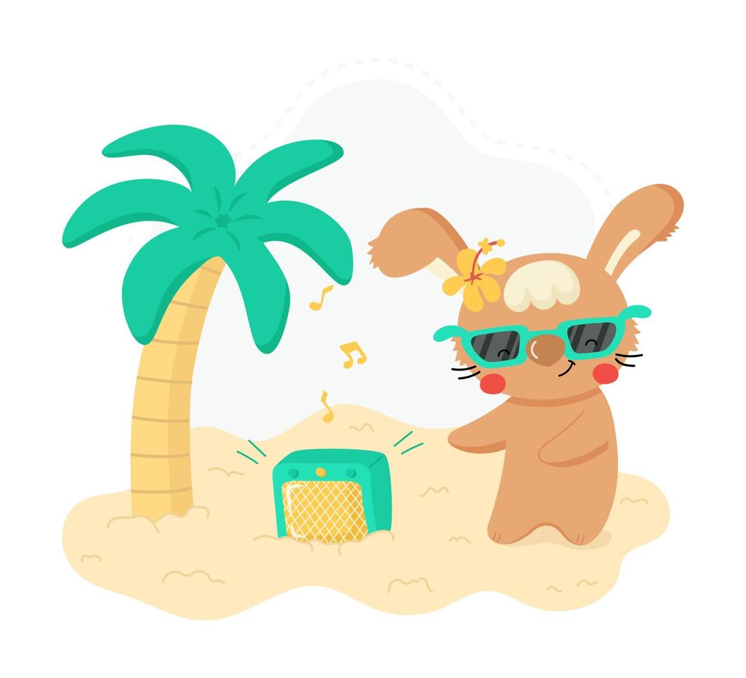 Cute cartoon rabbit dancing on the sand.  Funny animal character for kids design. Summer concept. Flat vector illustration.