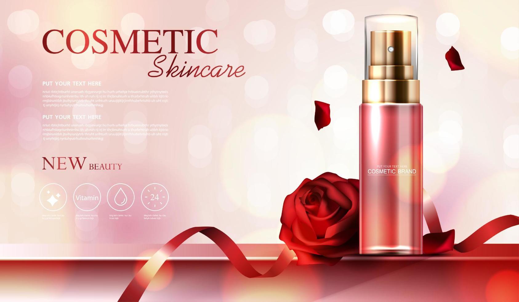 Cosmetic essence or skin care product or mock up lotion bottle, banner ad for beauty products, ribbon and rose petals in elegant background and glittering light effect. vector design.