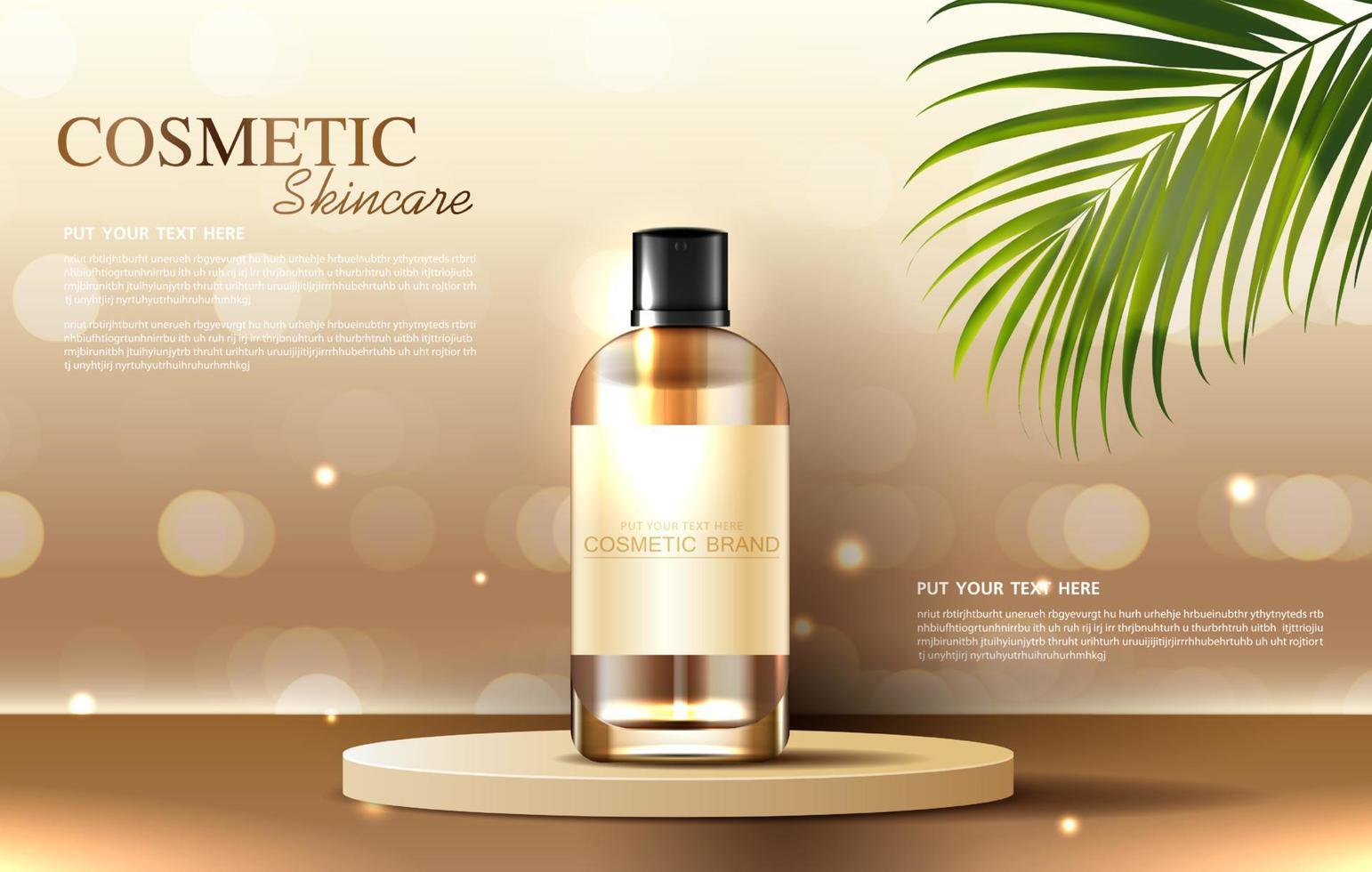 Cosmetics or skin care product ads with bottle, banner ad for beauty products and sky background glittering light effect. vector design