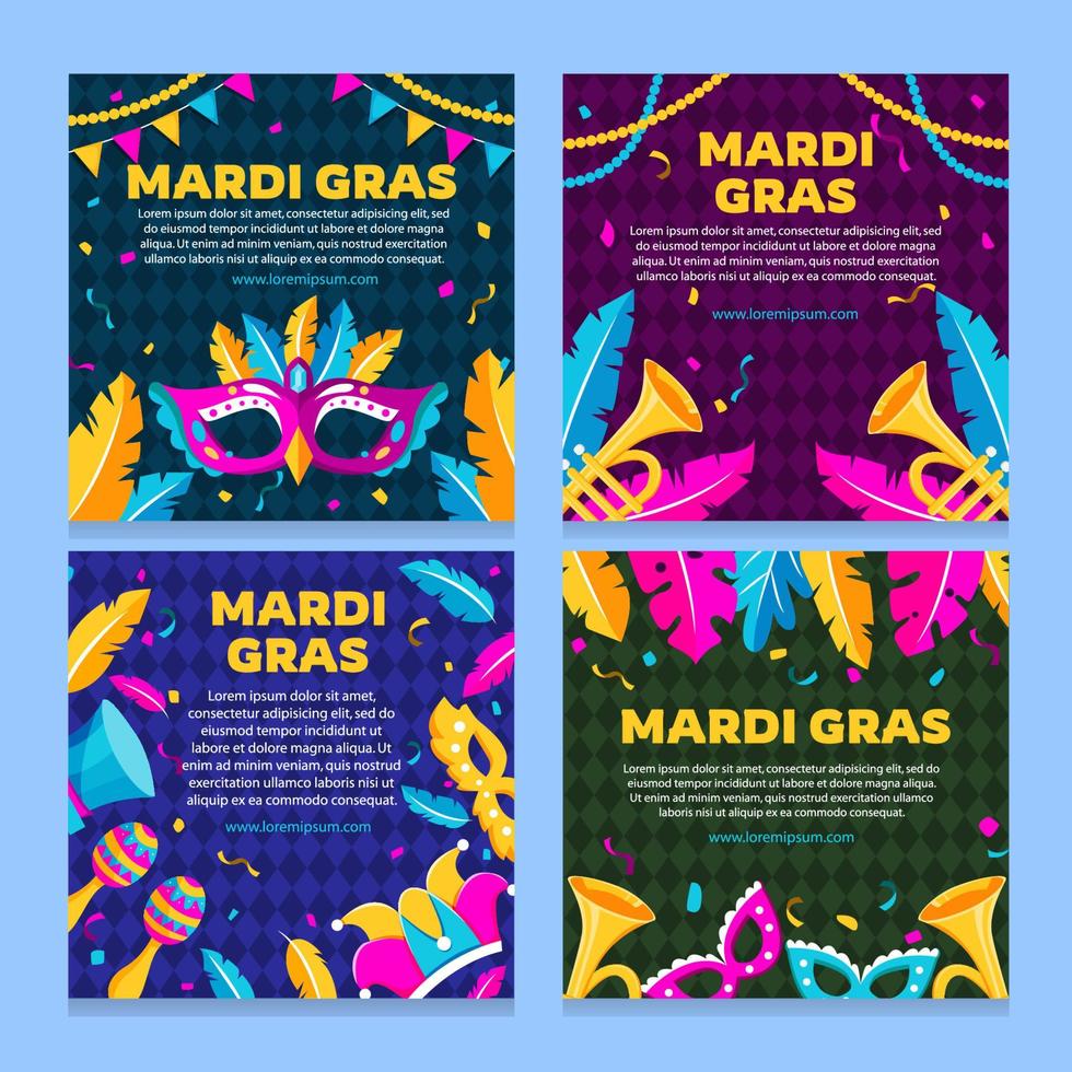 publicación de redes sociales de celebración de mardi gras con trompeta y máscara vector