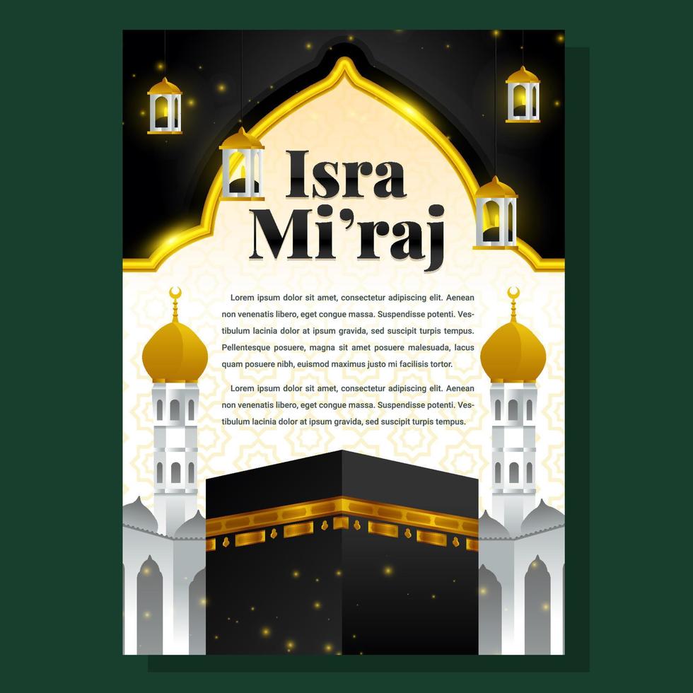 cartel de celebración de isra miraj con kaabah y linterna vector