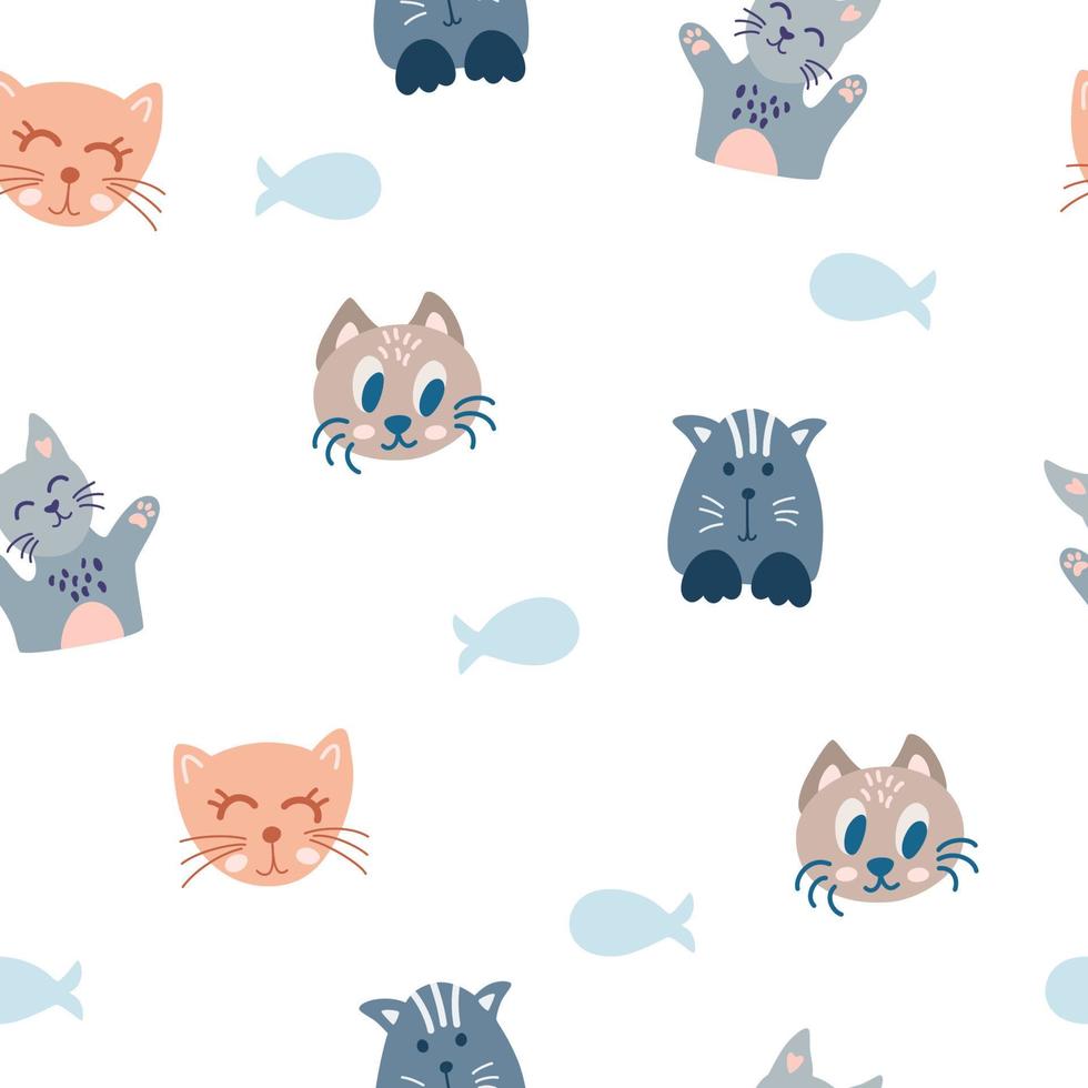 Cats and fish seamless pattern. Cute kitten faces and fish skeleton. Creative nursery background. Perfect for kids design, fabric, packaging, wallpaper, textiles, clothing. Vector cartoon illustration