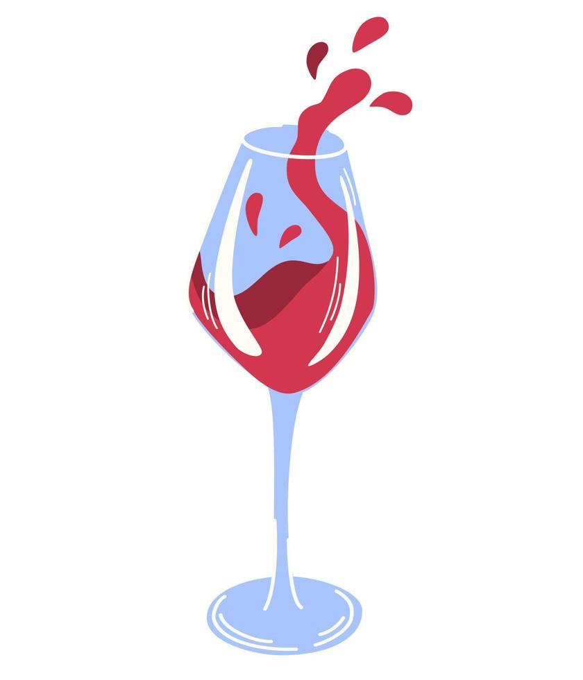 copa de vino tinto. bebida alcohólica. salpicaduras de vino tinto de un vaso. perfecto para afiches, diseño de impresión, diseño de menú de barra. ilustración de dibujos animados vectoriales aislada en el fondo blanco. vector