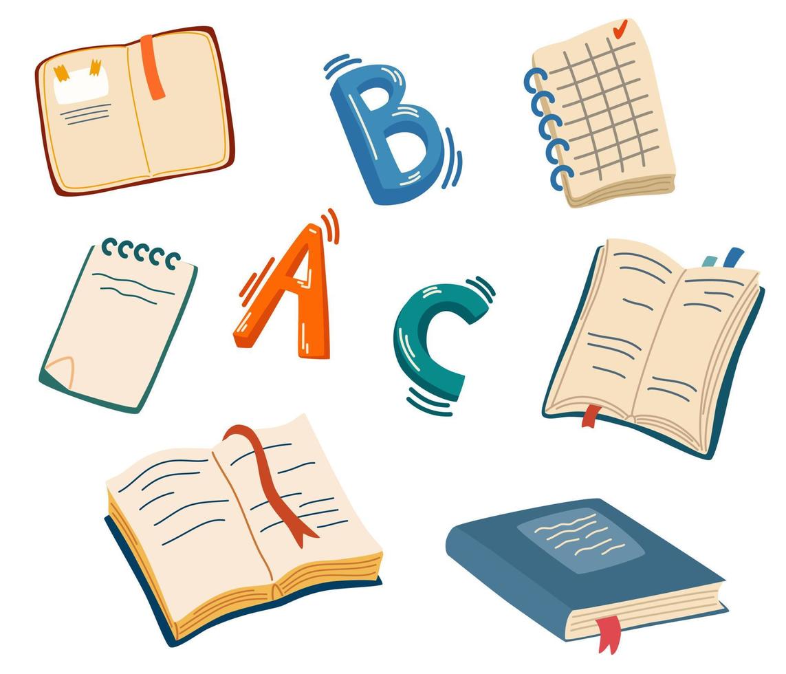 Books and English letters. Set for learning to read, language, literature and notebooks. School supplies. Study. Vector cartoon illustration isolated on the white background.