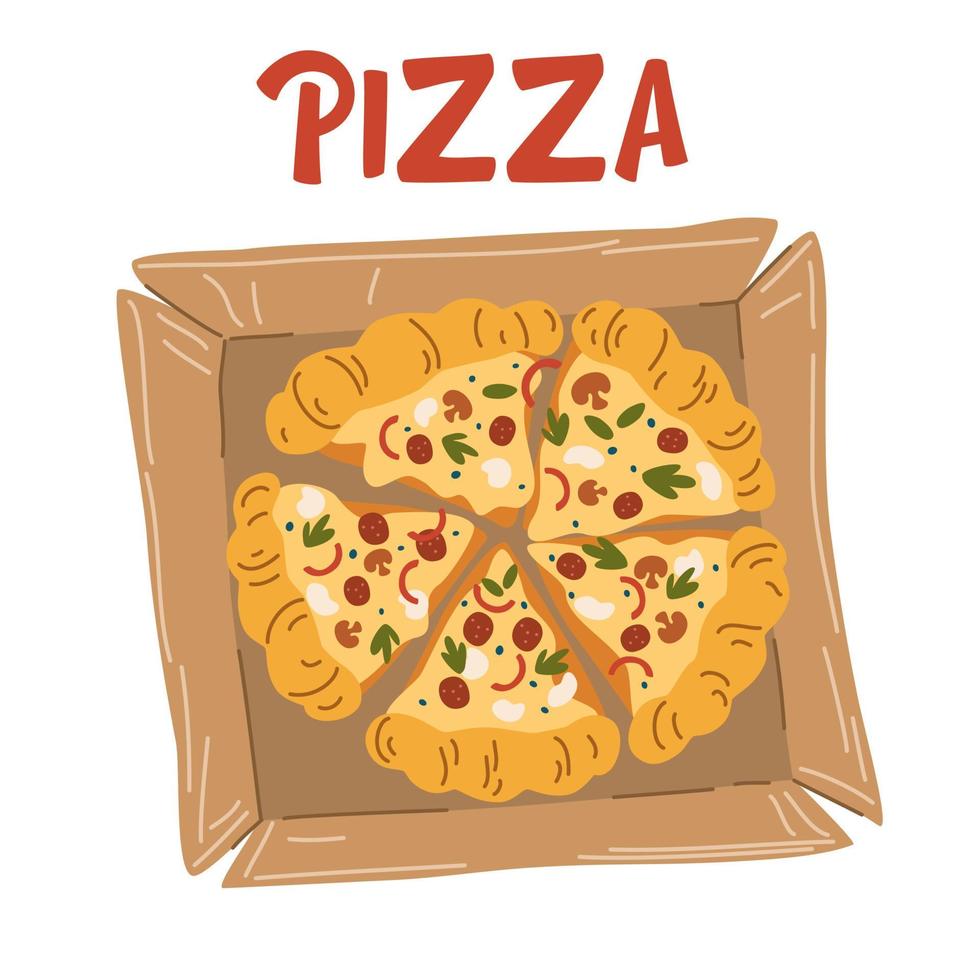 pizza en un soporte de madera. deliciosa pizza con queso mozzarella, salchichas, champiñones, hierbas y pimienta. comida rápida italiana tradicional. vector mano dibujar ilustración de dibujos animados