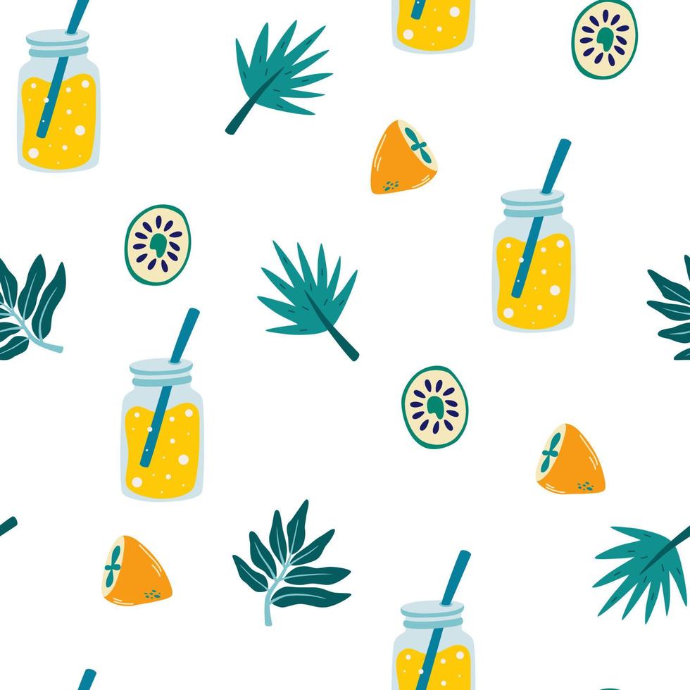 Lemonade seamless pattern. Glass jar with a drink, palm leaves, lime and lemon. Refreshing summer drink. Perfect for fabric, packaging, wallpaper, textiles, clothing. Cartoon Vector illustration.