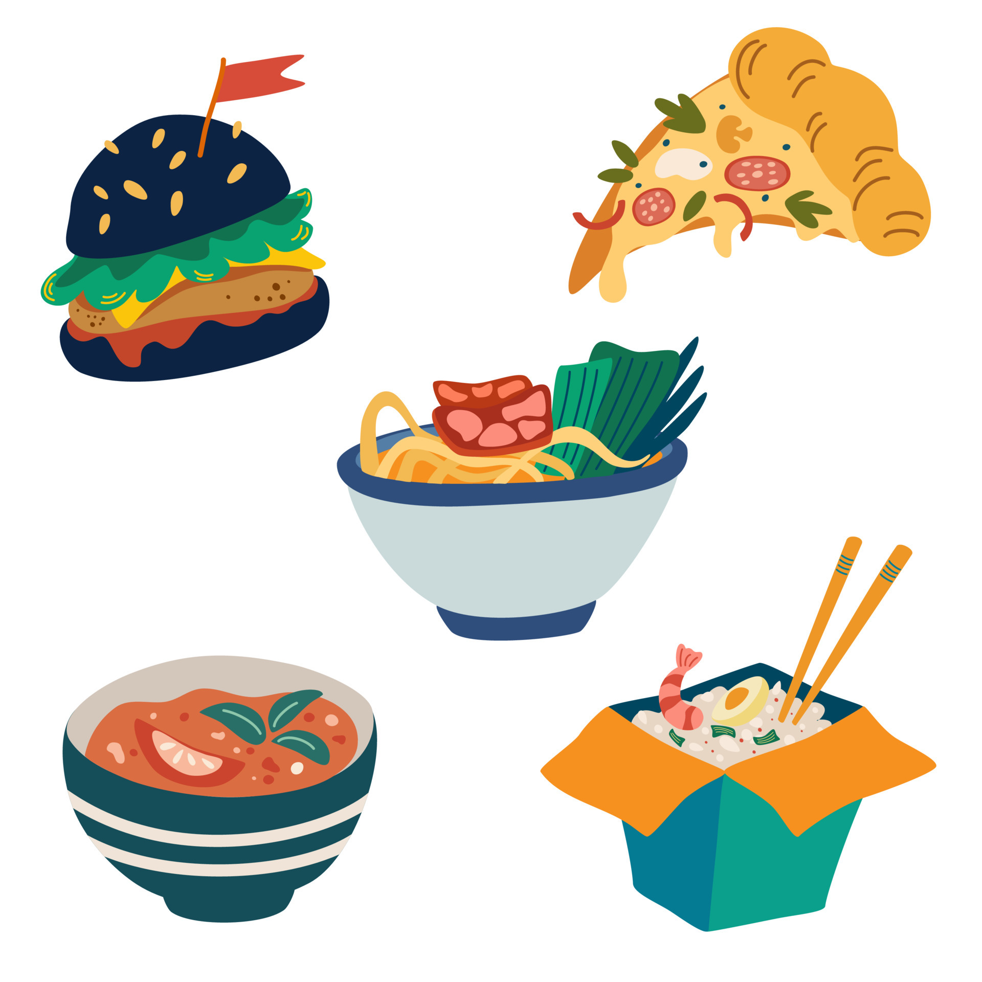Fast food set. Slice of pizza, burgers, noodles, rice and soup. Junk