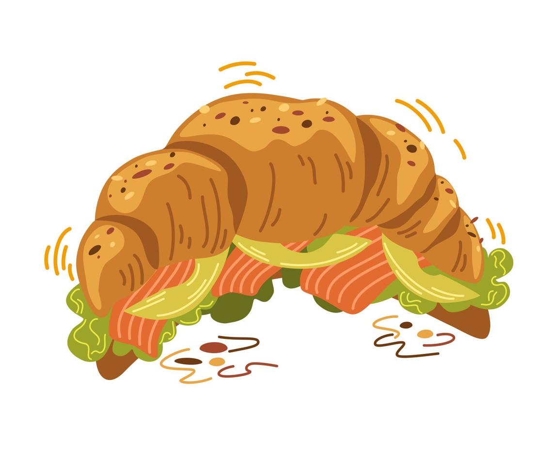 Croissant. Hearty breakfast. Croissant with salmon, avocado and salad. Healthy food. Perfect for restaurant menus printing posters and postcards. Vector cartoon illustration