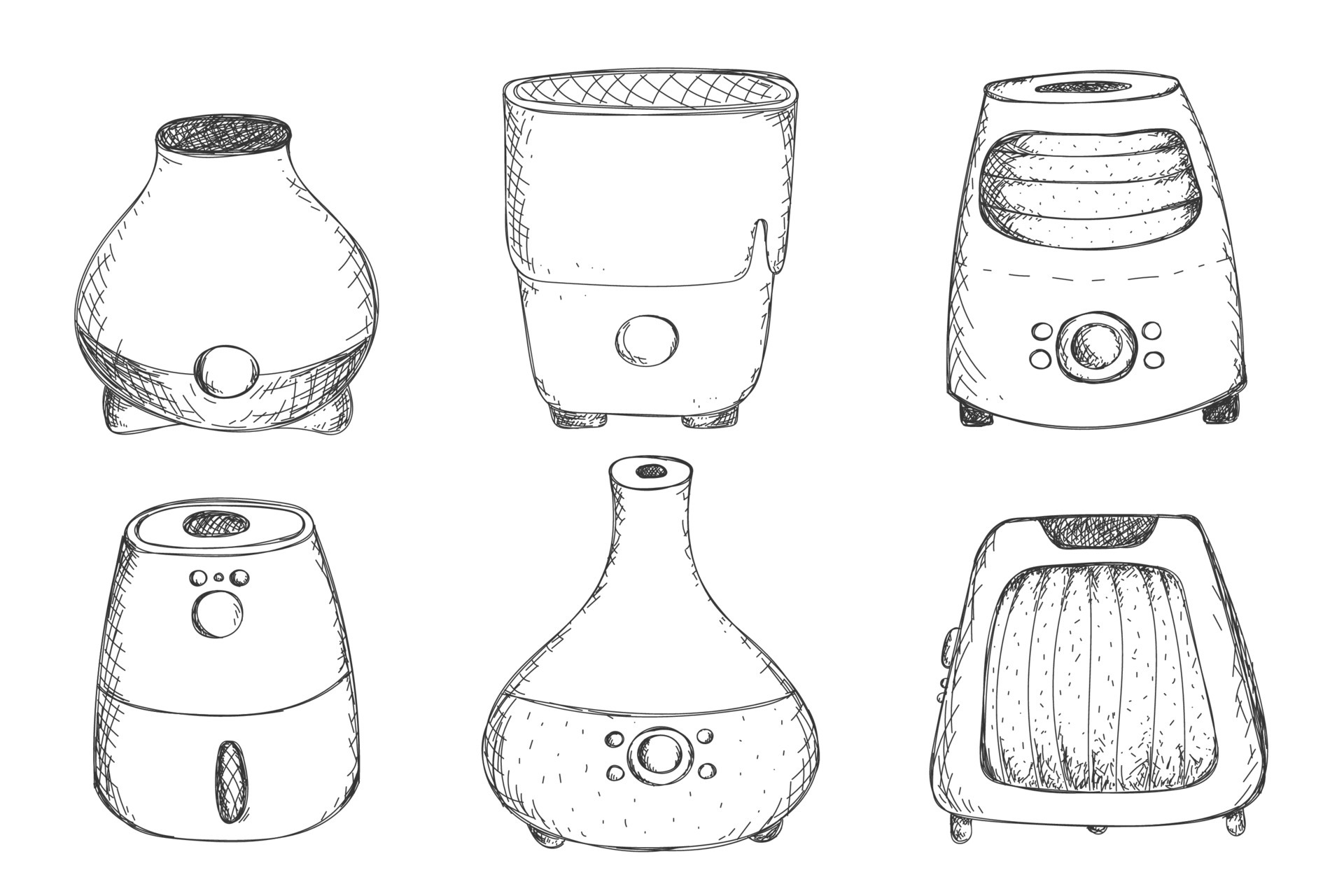 sketch air purifier, humidifiers set. hand drawing design appliances
