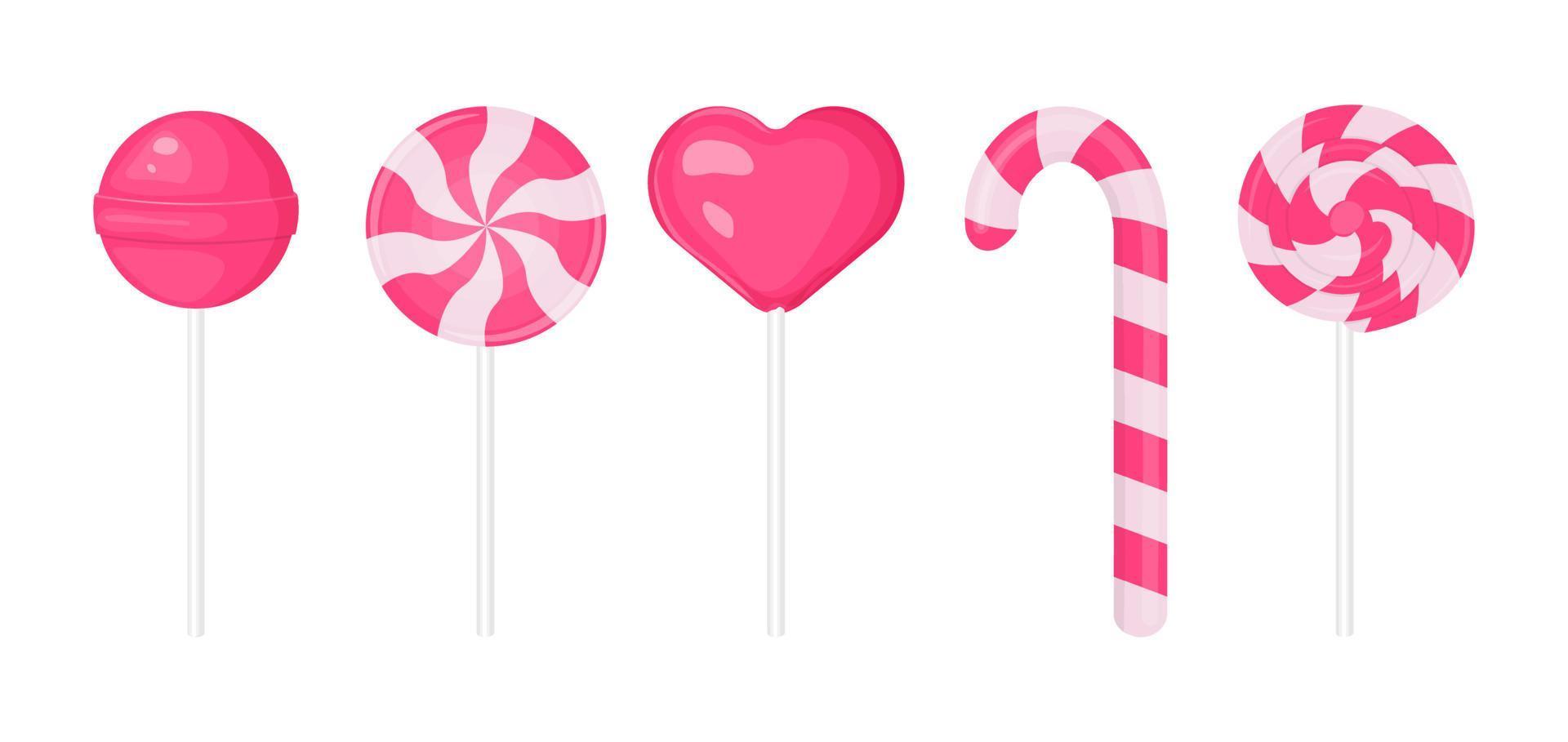 Set of pink lollipops. Candy cane, round and heart shaped. vector