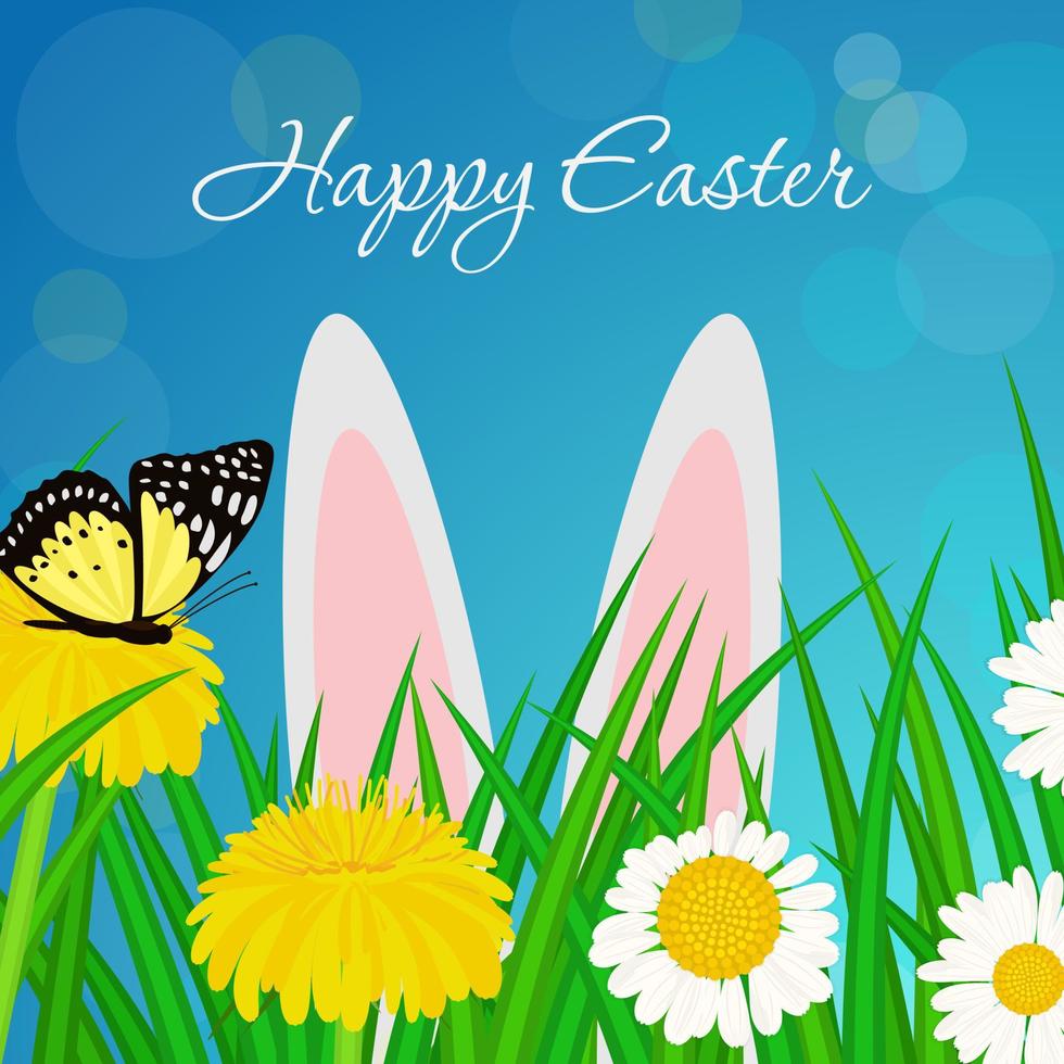 Happy easter card with bunny ears, spring flowers and grass. vector