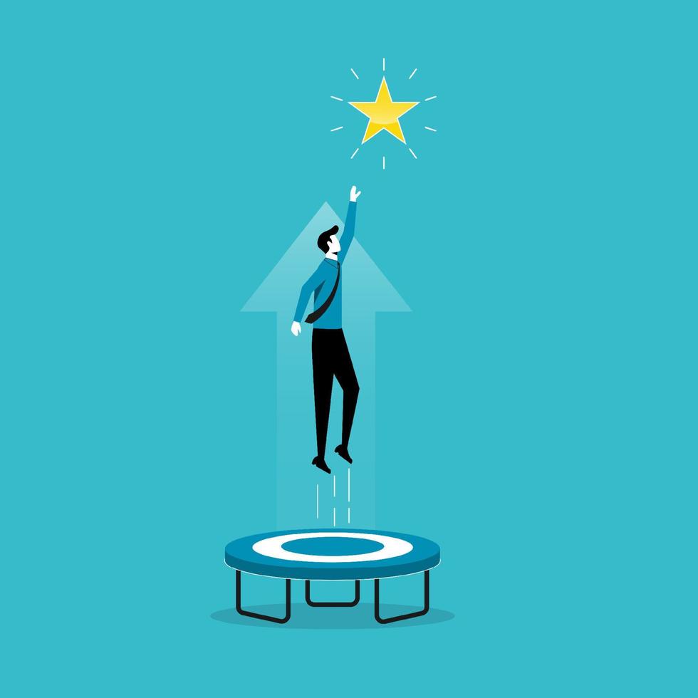 Businessman jumping from trampoline to reach out the star vector