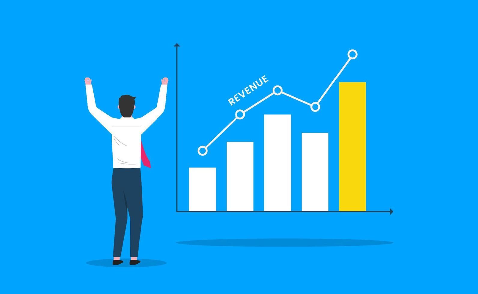 Businessman looking at big business chart and feels joy. Increase revenue, sales growth, business development vector