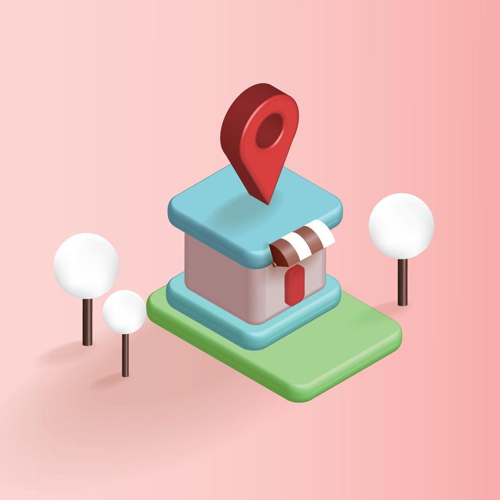 shop with map pin red on phone minimal vector map