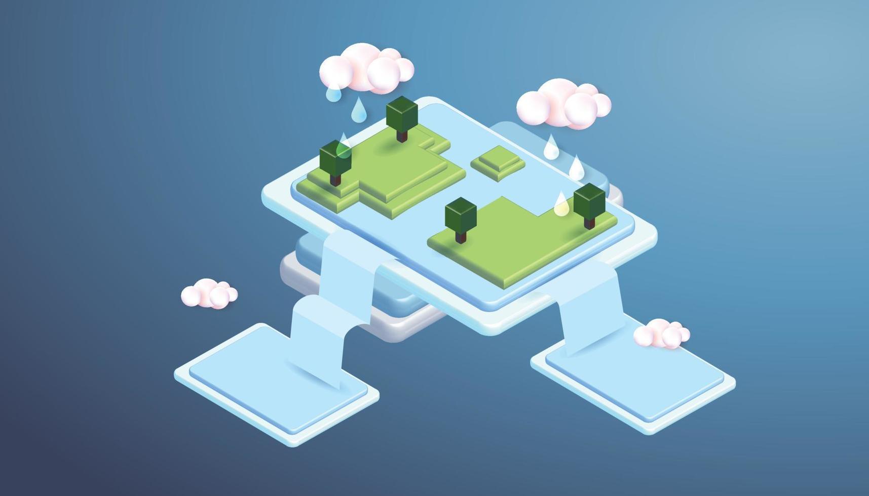 isometric water and tree ecology landscape green architecture diagram element map object concept graphic minimal vector