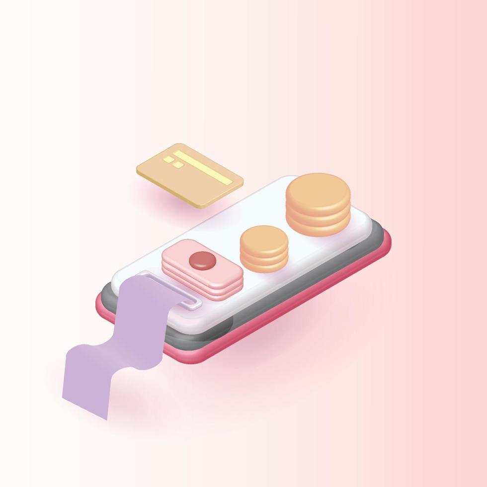 minimal phone and coin terminal icon, contectless payment transaction violet background red shopping online card vector