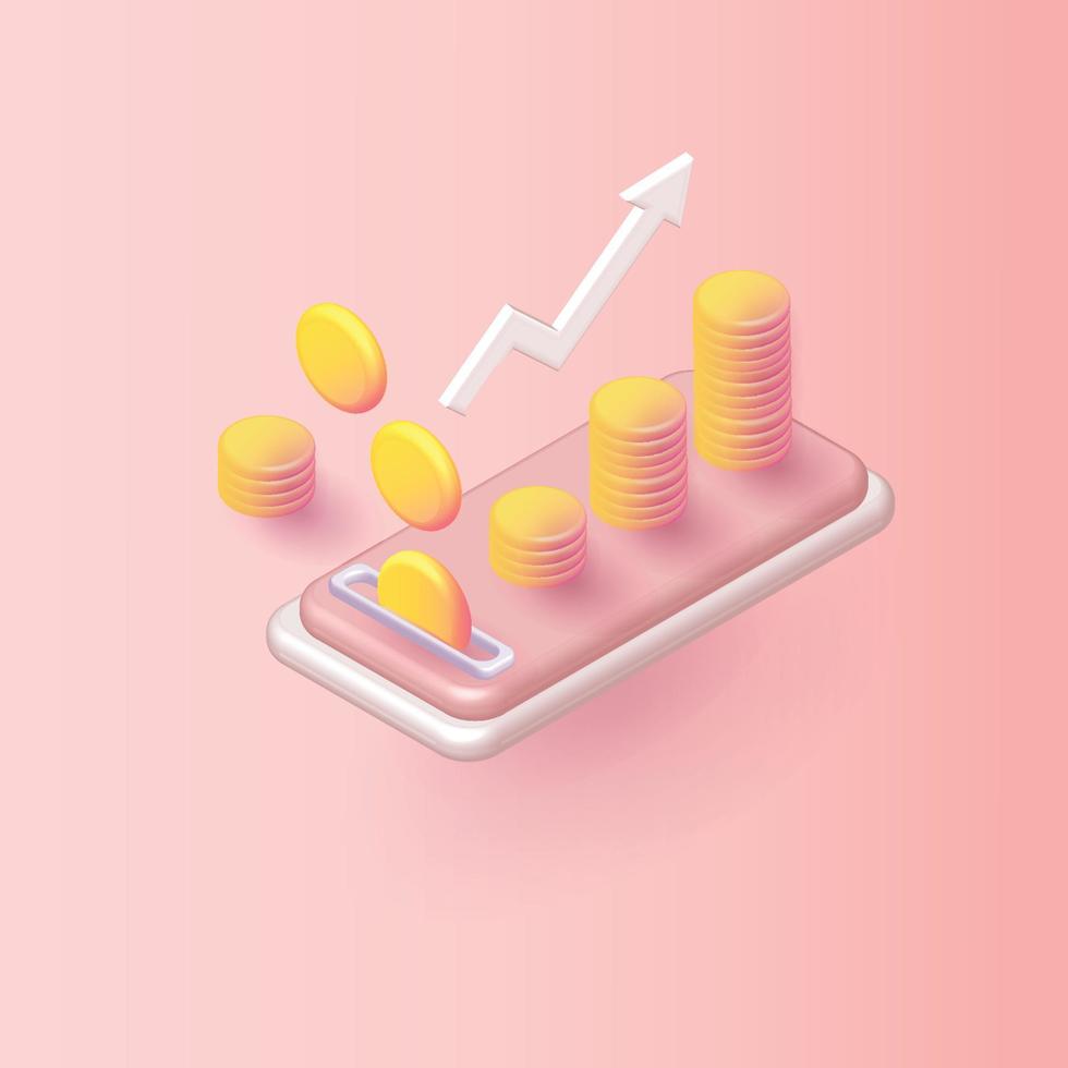white arrow and gold coin stacks on pink growth concept save money growth market business profit vector
