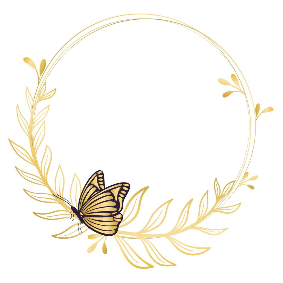 Golden round wreath with twigs and butterfly vector