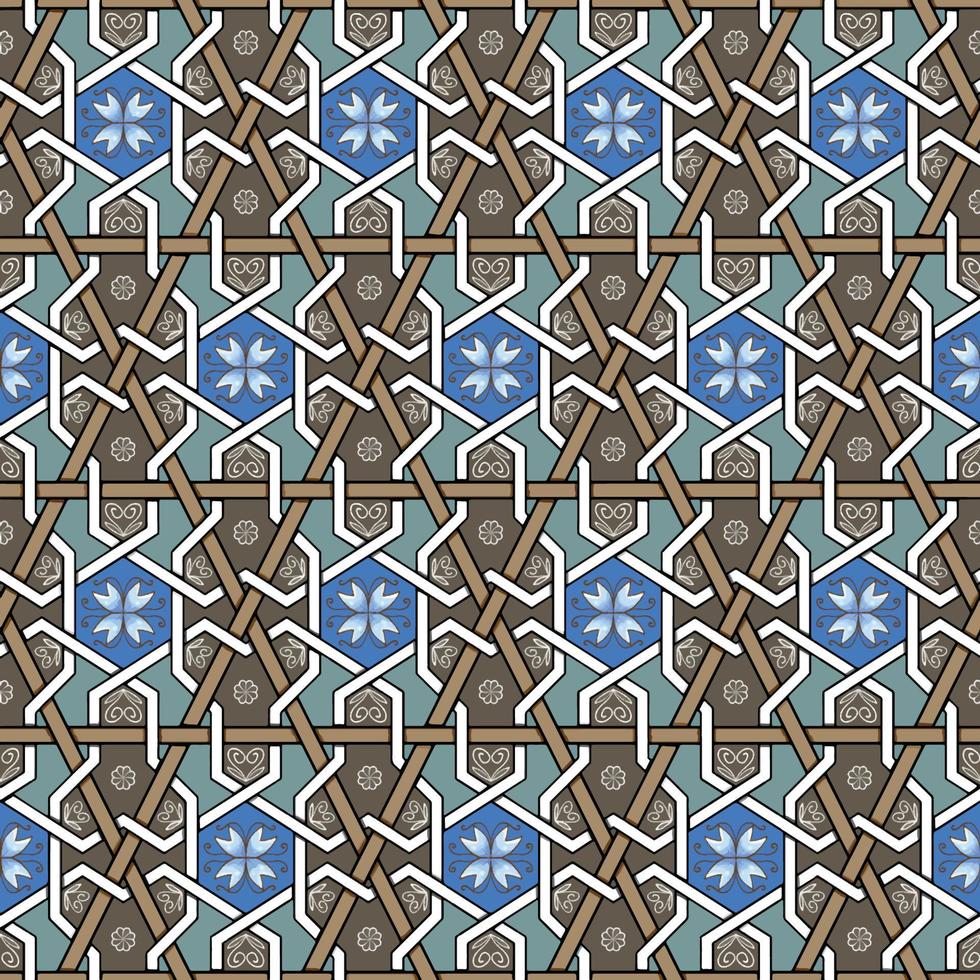 Blue Flower on Green Brown Geometric ethnic oriental pattern traditional Design for background,carpet,wallpaper,clothing,wrapping,Batik,fabric, vector illustration embroidery style