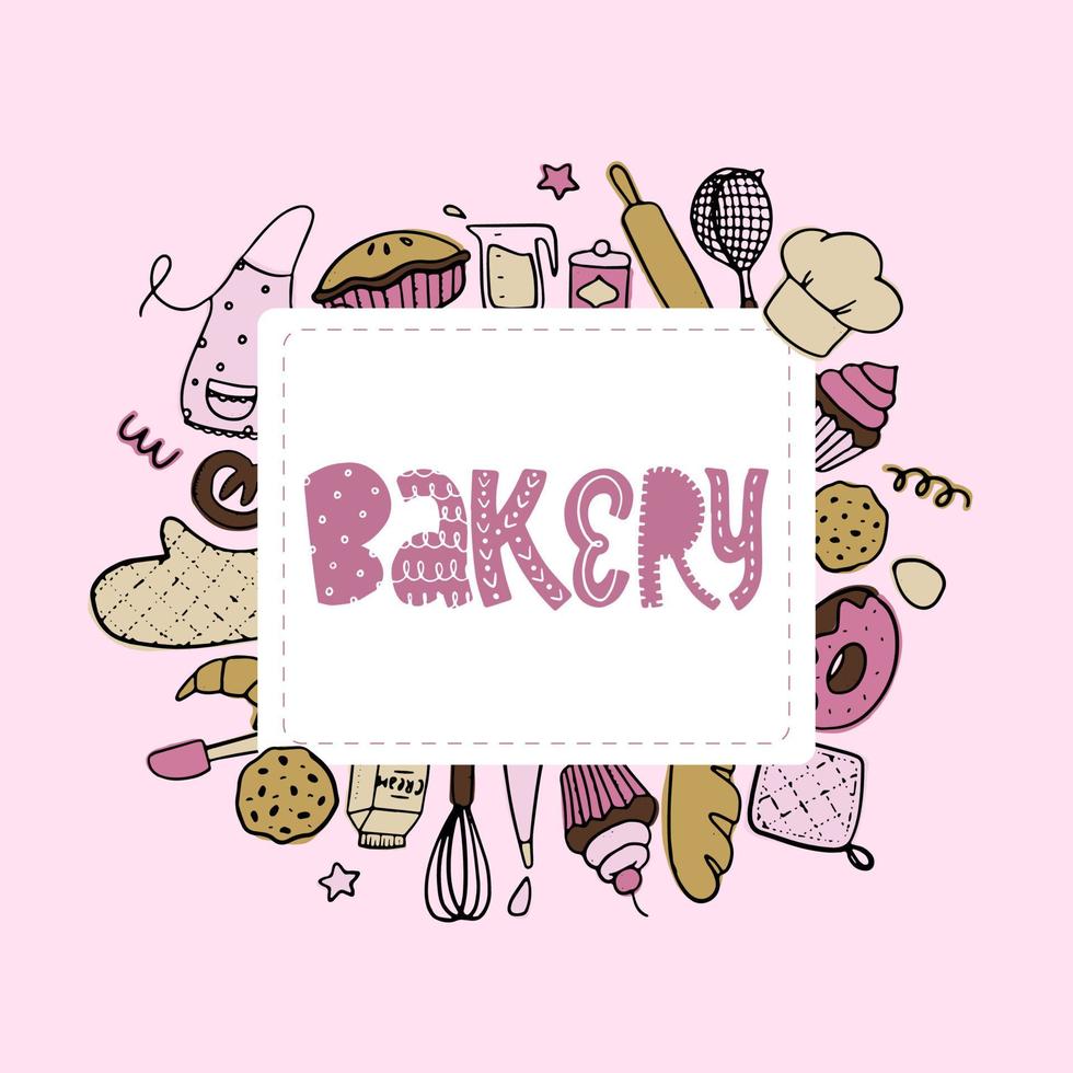 cute border created from hand drawn bakery doodles on white background. Good for cards, posters, prints, templates, invitations, etc. EPS 10 vector