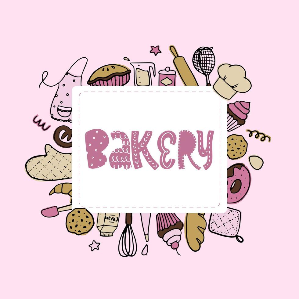 lindo borde creado a partir de garabatos de panadería dibujados a mano sobre fondo blanco. bueno para tarjetas, carteles, impresiones, plantillas, invitaciones, etc. eps 10 vector