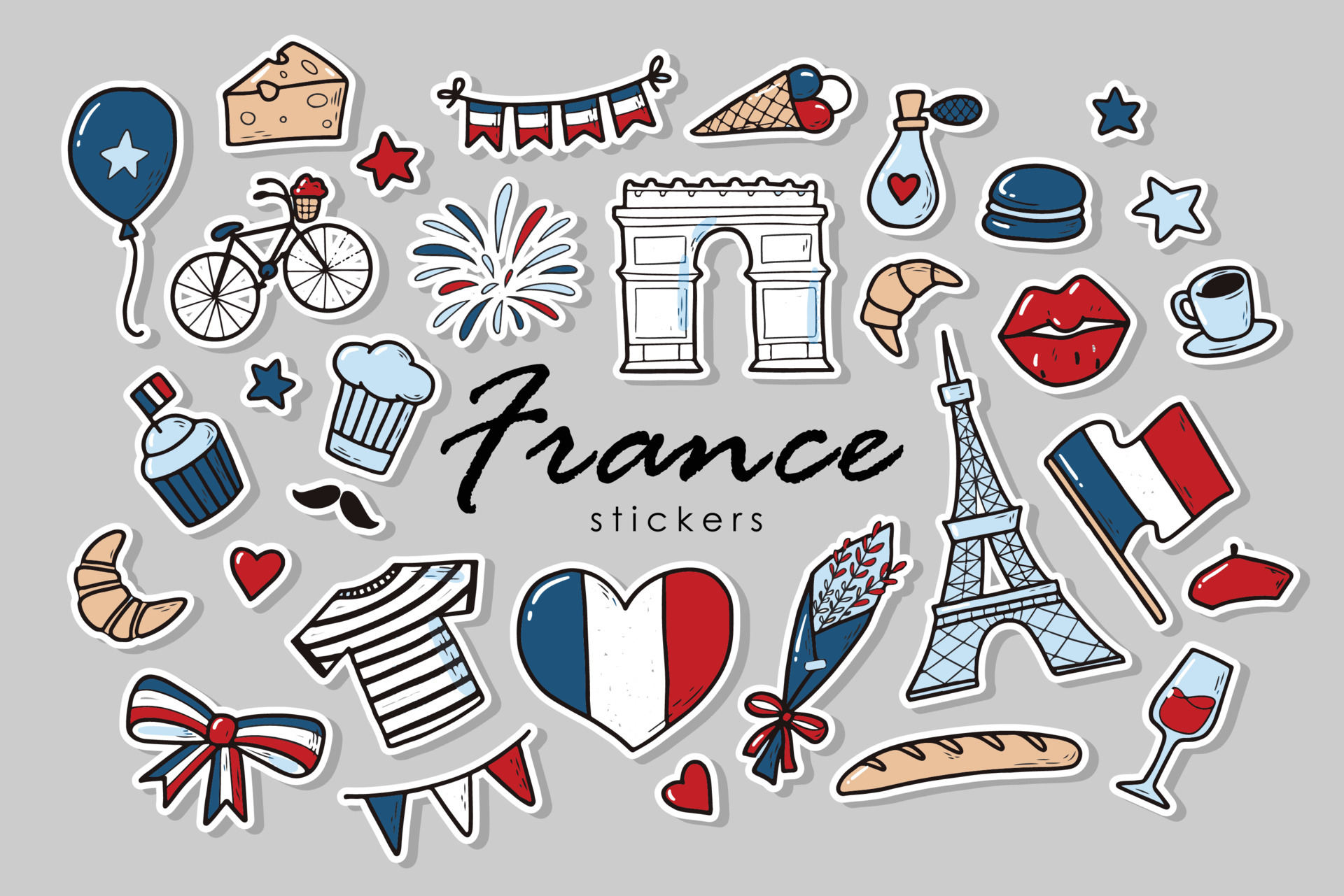 set of of France stickers. French doodles isolated on grey background