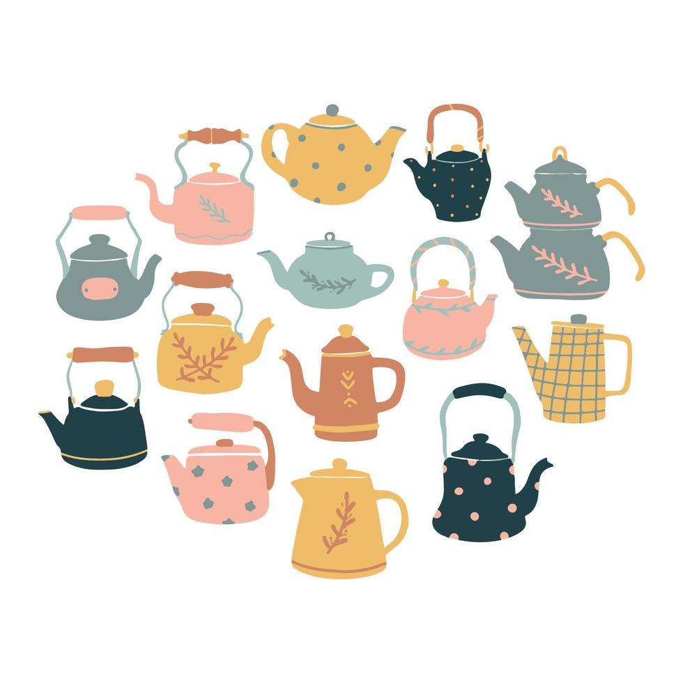 set of hand drawn kettles and tea pots isolated on white background for stickers, prints, clip art, logos, signs, cards, etc. EPS 10 vector