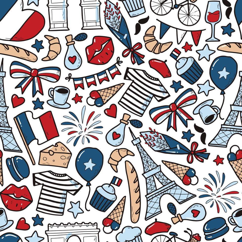 seamless pattern with hand drawn doodles for French holidays Bastille Day, Victory day, etc. Wallpaper, textile and fabric print, wrapping paper, packaging, background, scrapbooking, etc. EPS 10 vector