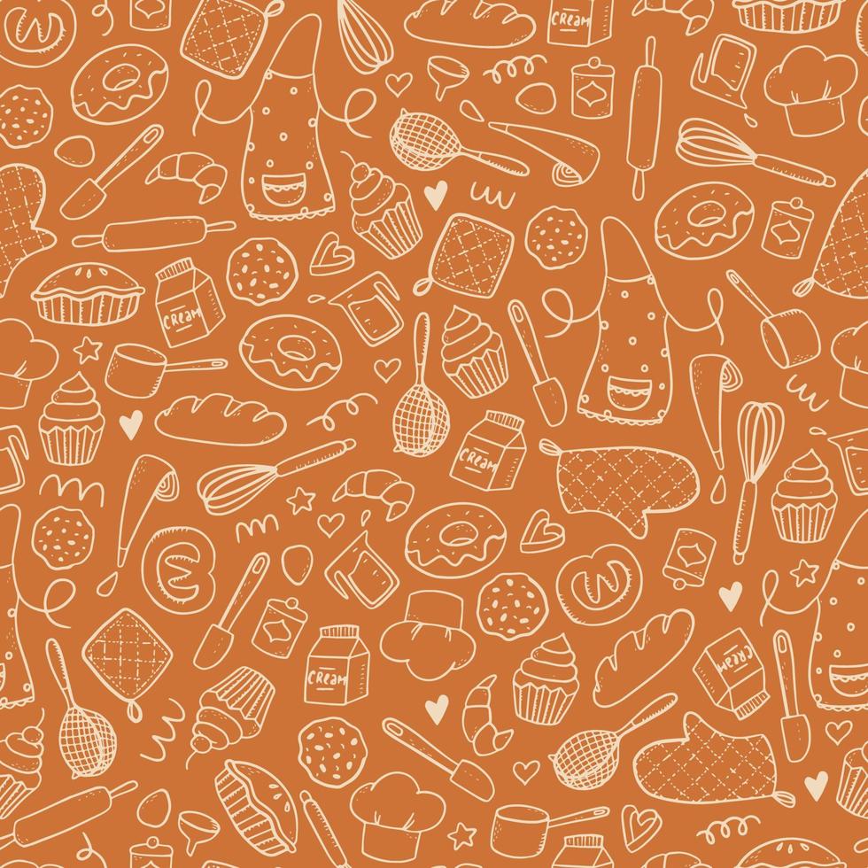 Cute seamless pattern with bakery  hand drawn doodles on caramel background. Wrapping paper, textile prints, package, wallpaper, etc. EPS 10 vector
