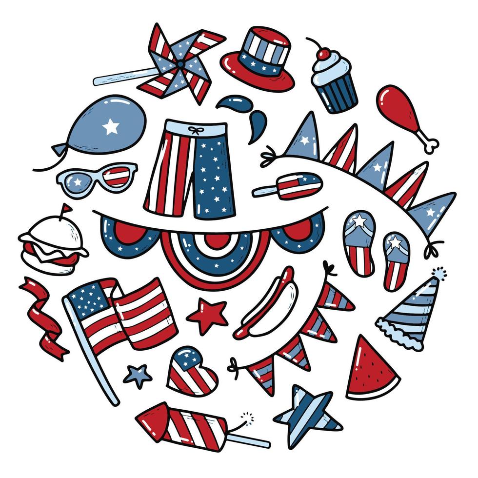 set of hand drawn 4th of July doodlesisolated on white background. Good for stickers, prints, card decor, signs, logos, etc. EPS 10 vector