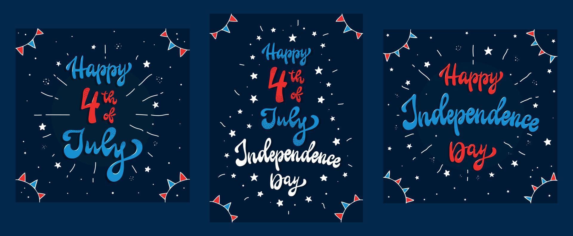 conjunto de tarjetas de felicitación, carteles para el 4 de julio, día de la independencia. citas con letras a mano decoradas con estrellas y banderas sobre fondo azul. eps 10 vector