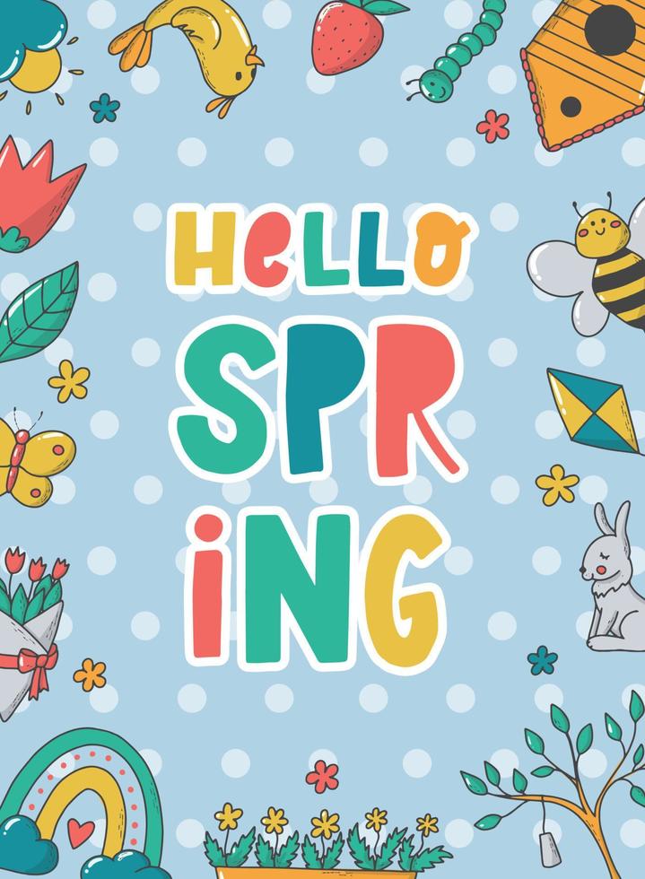 Hello Spring greeting card, poster, print, invitation, banner with lettering quote and frame of doodles on polka dot background. EPS 10 vector