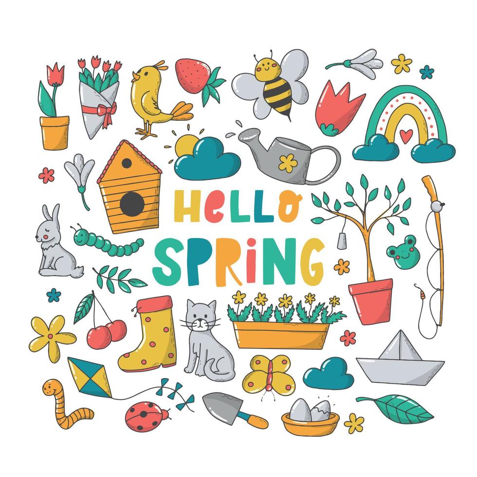set of hand drawn spring doodles isolated on white background. Good for stickers, pritns, icons, scrapbooking, planners, cards, stationary, etc. EPS 10 vector
