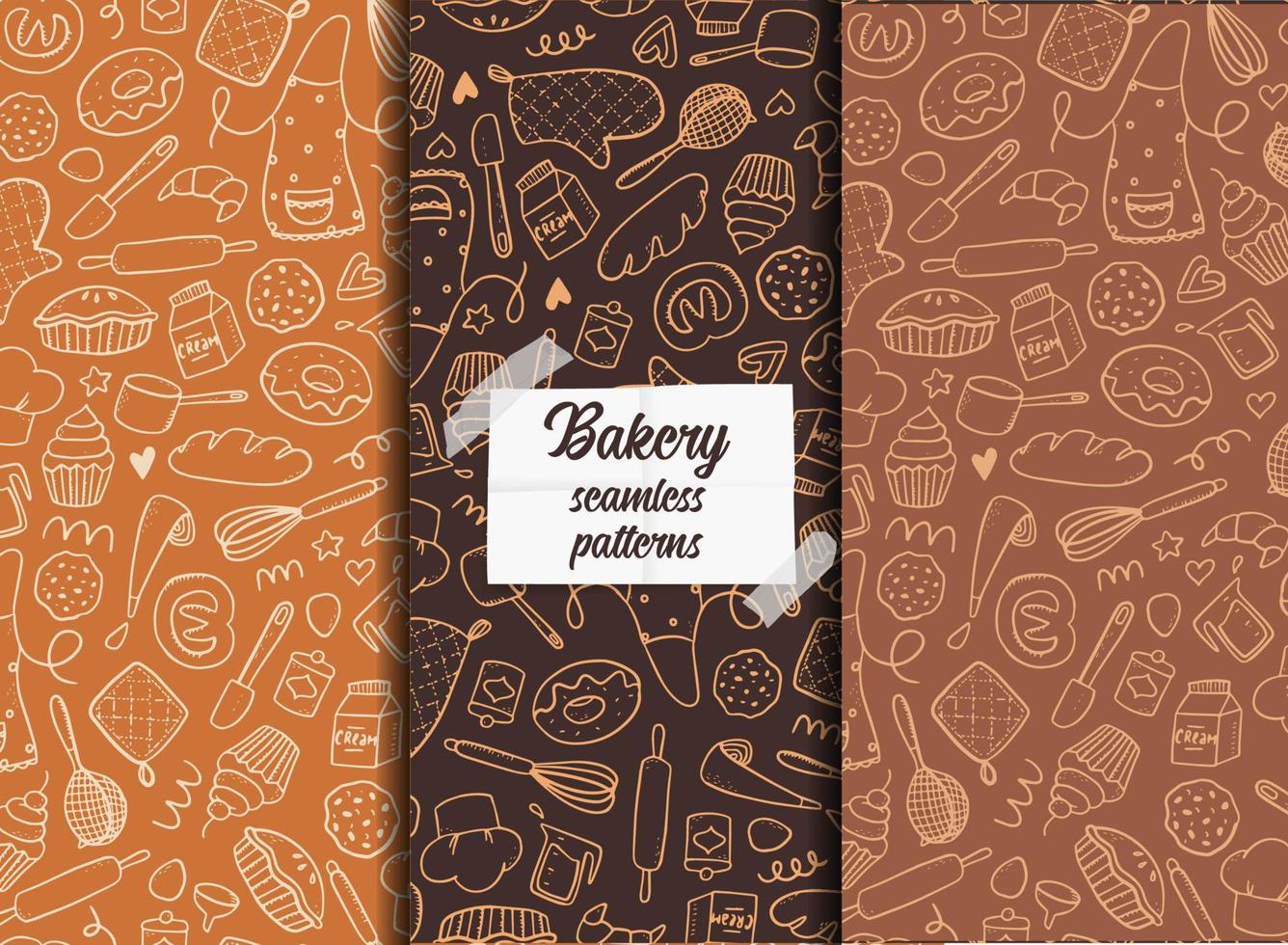 set of bakery seamless patterns with hand drawn doodles on brown backgrounds. Wrapping paper, packaging, textile abd fabric prints design. EPS 10 vector