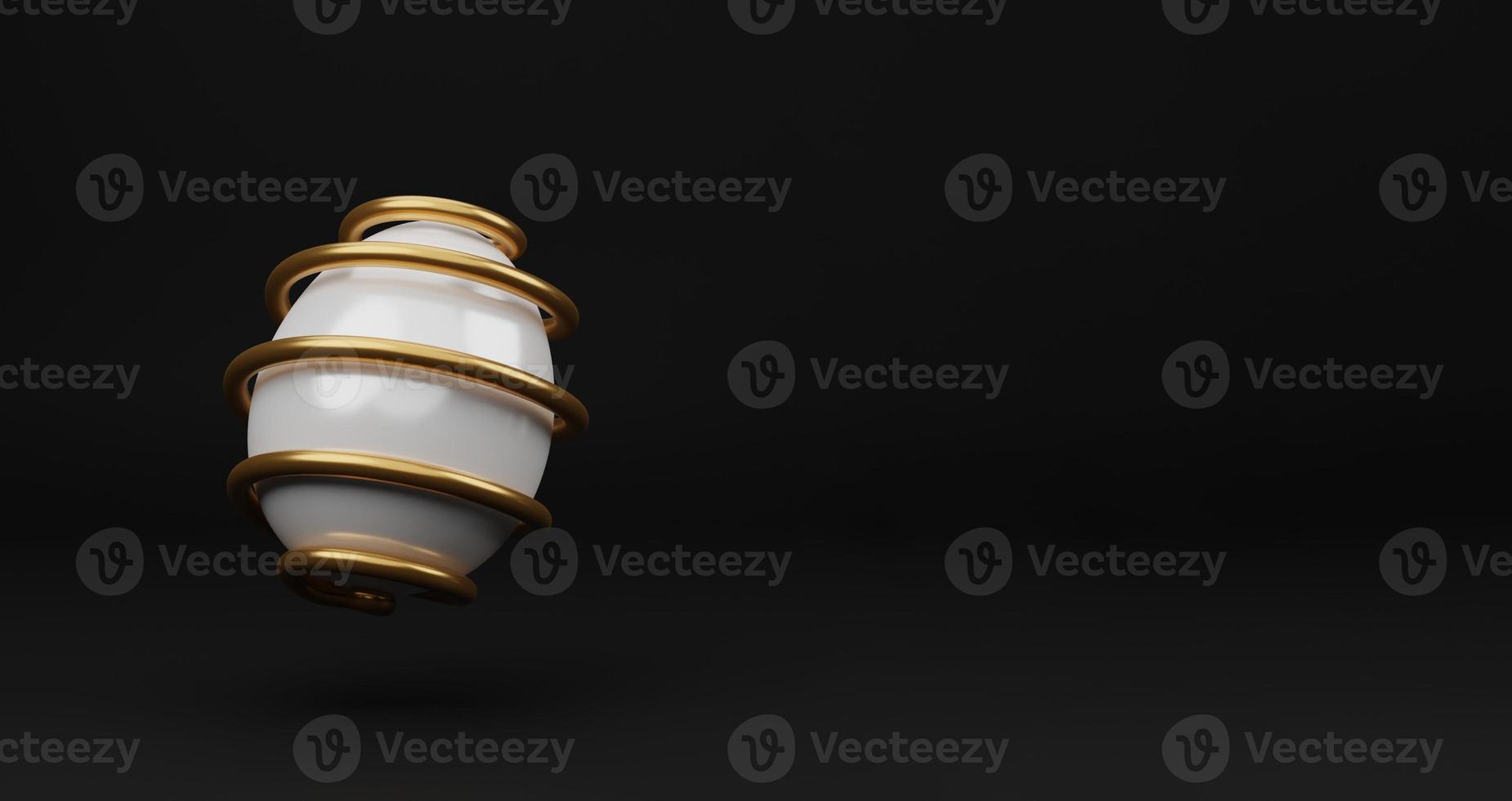 Falling luxury white golden 3d easter egg with pattern on black background. 3d rendering Happy Easter Luxury background with golden and black eggs photo