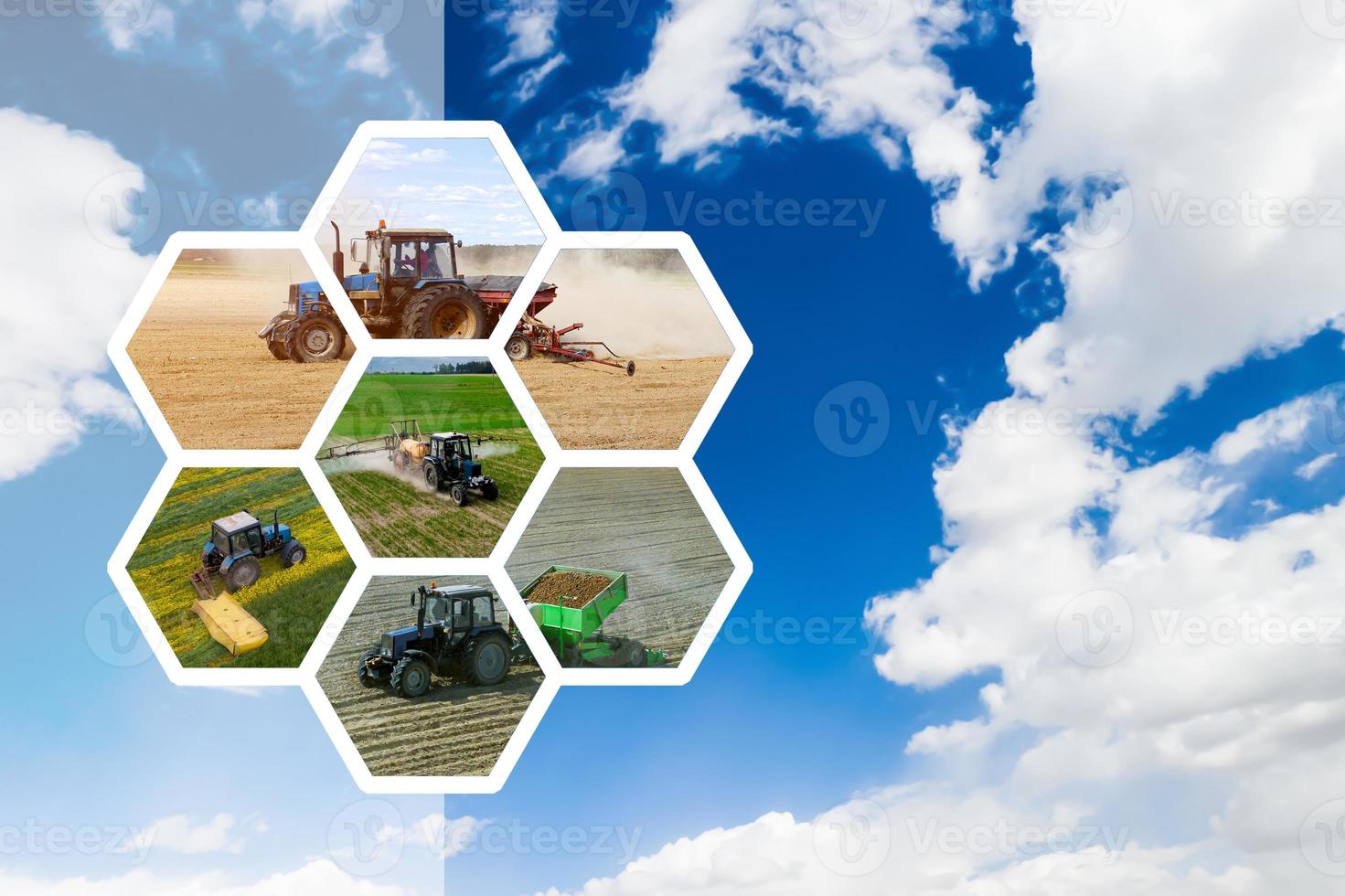 agricultural background with infographics, tractor in a field against a blue sky background photo