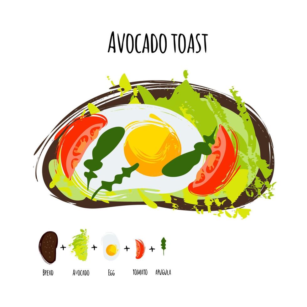 Vector illustration avocado hummus toasts with tomatoes, eggs Isolated.