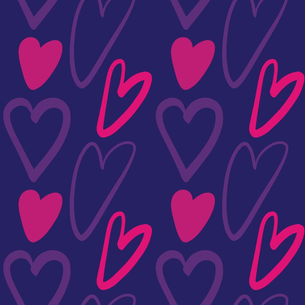 Seamless pattern with Heart love symbol in violet-pink color  on dark blue background vector