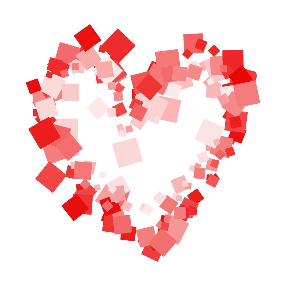 Vector abstract heart made of geometric shapes in red shades isolated on white background