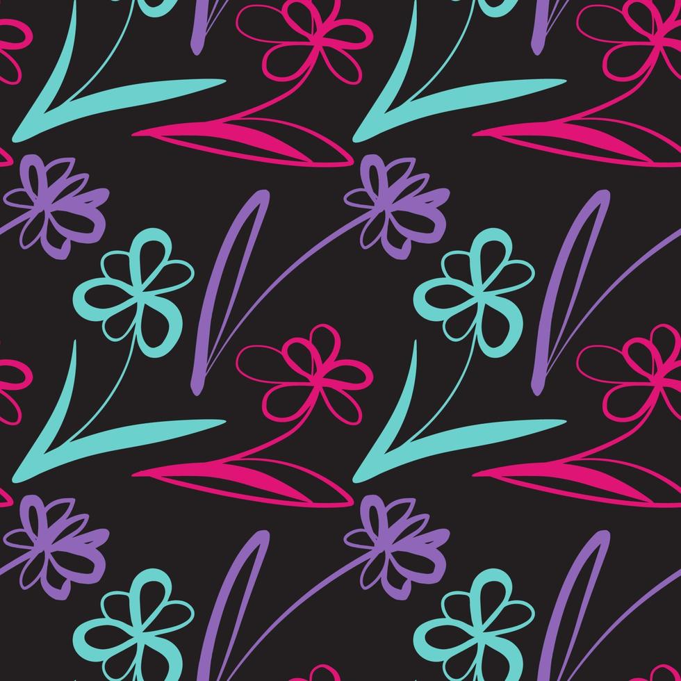 Seamless pattern with abstract flowers in violet color on a black background vector