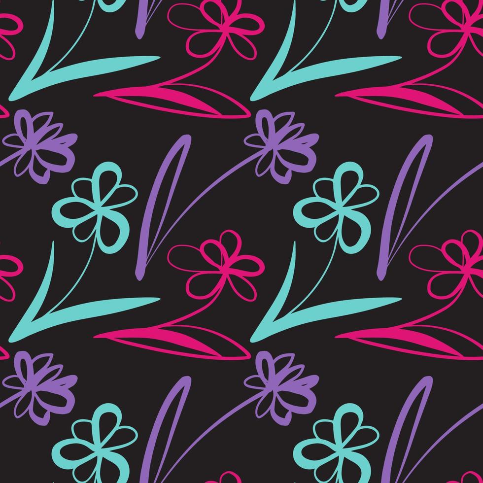 Seamless pattern with abstract flowers in violet color on a black background vector